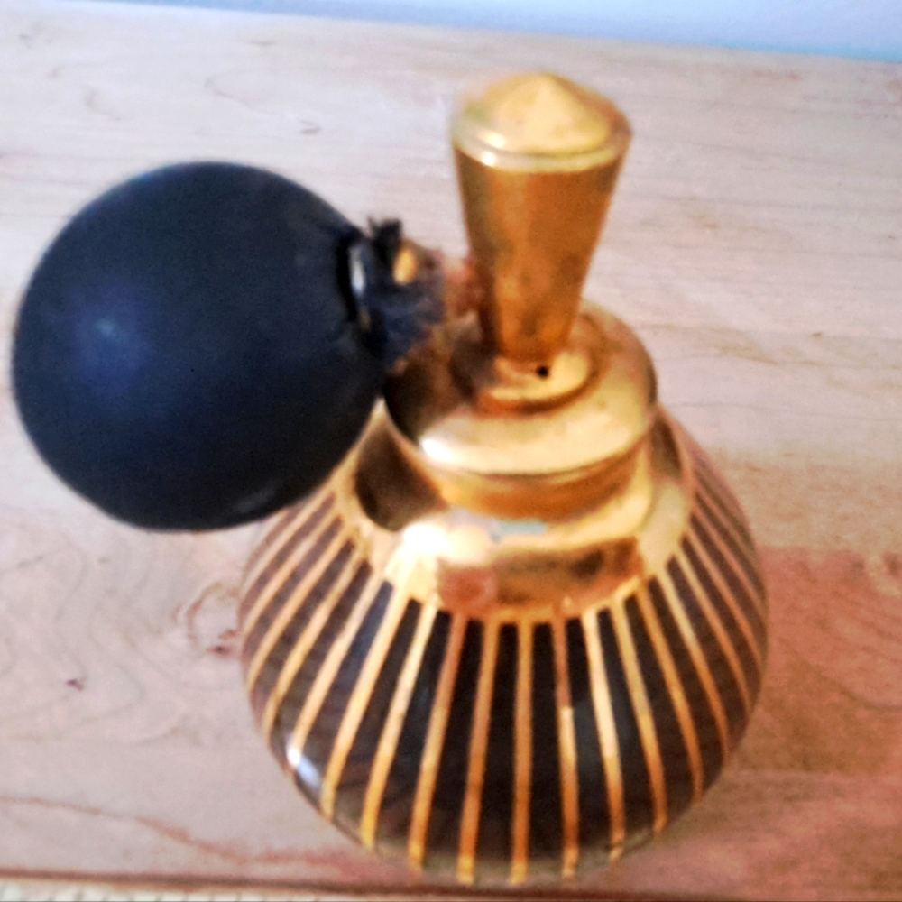 Vintage German Gold Striped Glass Perfume Bottle w/ Atomizer